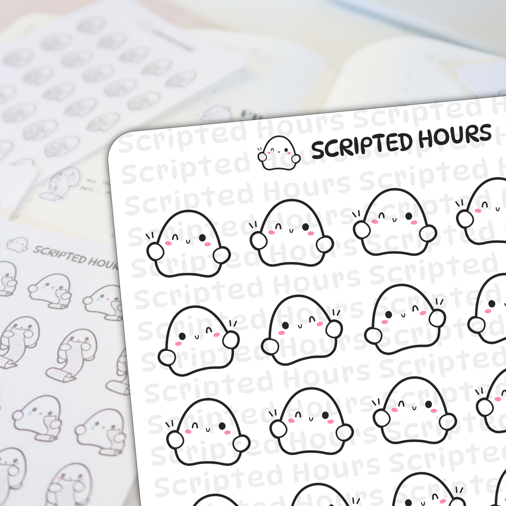 Scripted Hours sticker sheet featuring numerous cute white ghost characters with pink blush cheeks some winking or smiling and others holding scroll papers