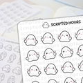 Scripted Hours sticker sheet featuring numerous cute white ghost characters with pink blush cheeks some winking or smiling and others holding scroll papers