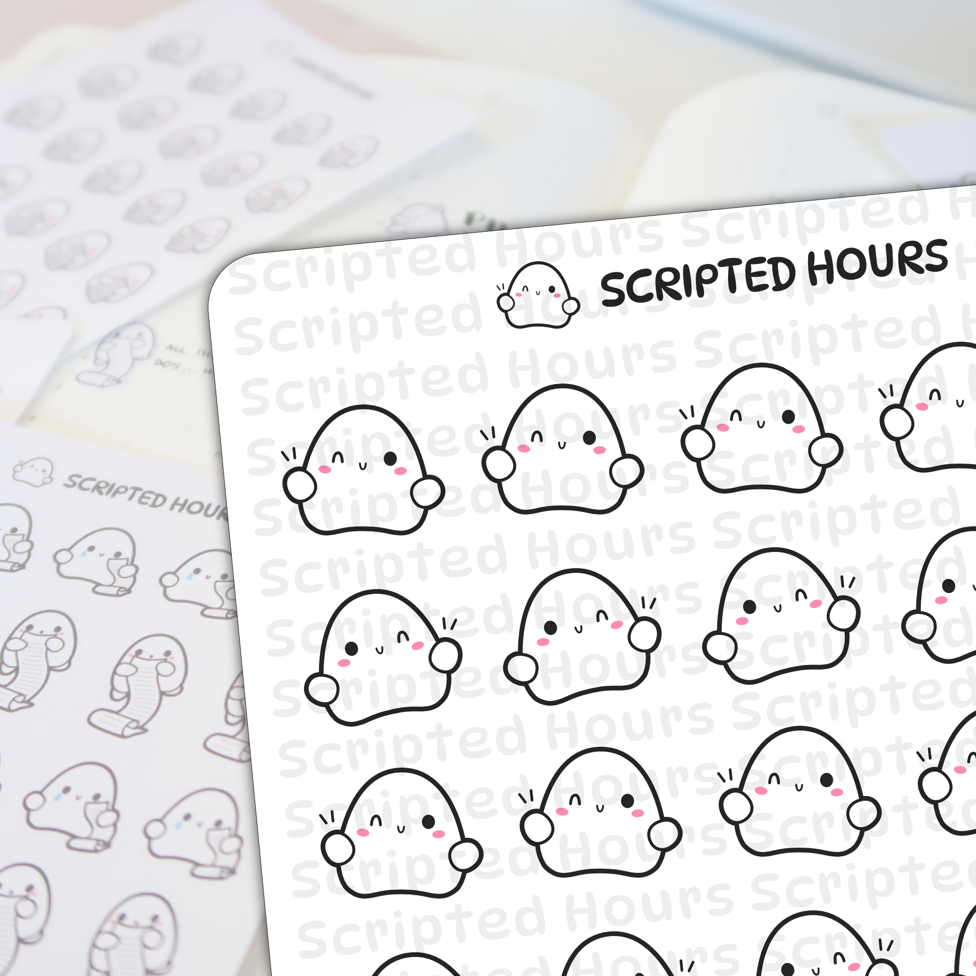 Scripted Hours sticker sheet featuring numerous cute white ghost characters with pink blush cheeks some winking or smiling and others holding scroll papers