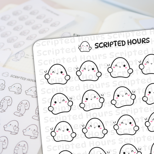 Scripted Hours sticker sheet featuring numerous cute white ghost characters with pink blush cheeks some winking or smiling and others holding scroll papers