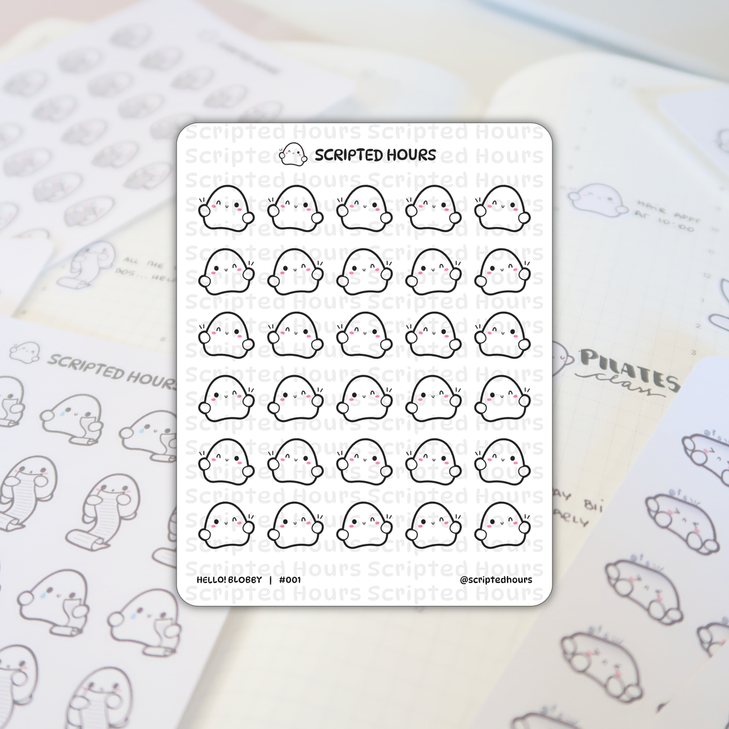 Scripted Hours Hello! Blobby sticker sheets on an open planner featuring rows of cute white ghost-like characters with pink cheeks, some waving and some holding scrolls, next to a handwritten 'Pilates class' entry