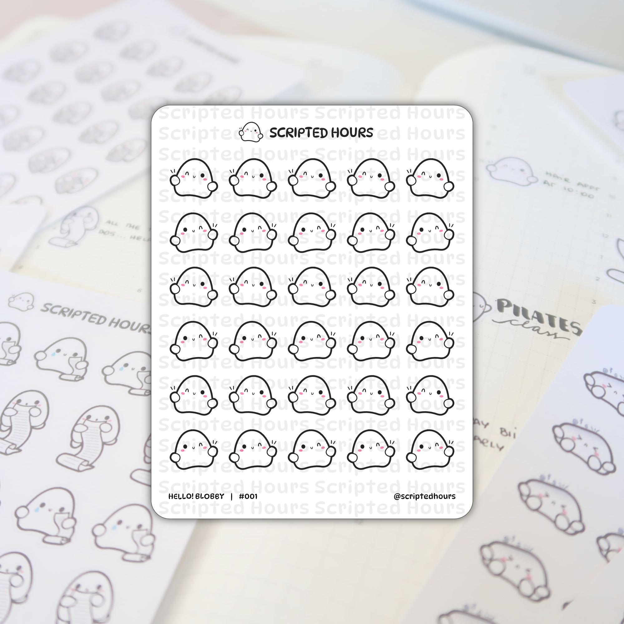Scripted Hours Hello! Blobby sticker sheets on an open planner featuring rows of cute white ghost-like characters with pink cheeks, some waving and some holding scrolls, next to a handwritten 'Pilates class' entry