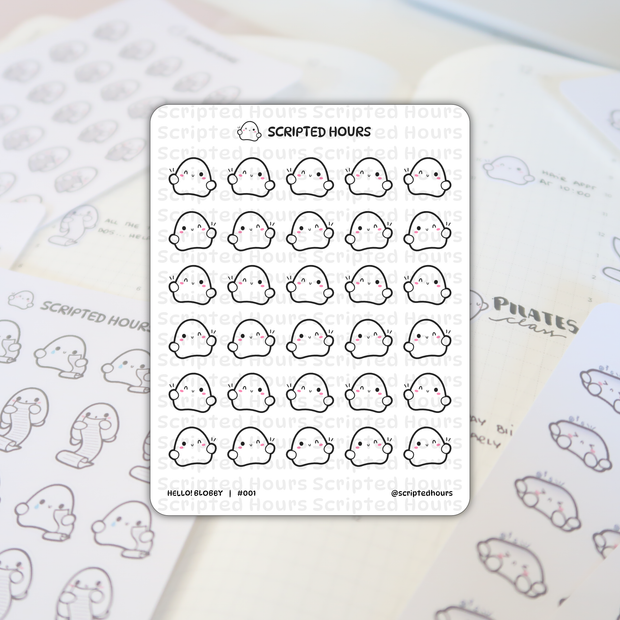 Scripted Hours Hello! Blobby sticker sheets on an open planner featuring rows of cute white ghost-like characters with pink cheeks, some waving and some holding scrolls, next to a handwritten 'Pilates class' entry
