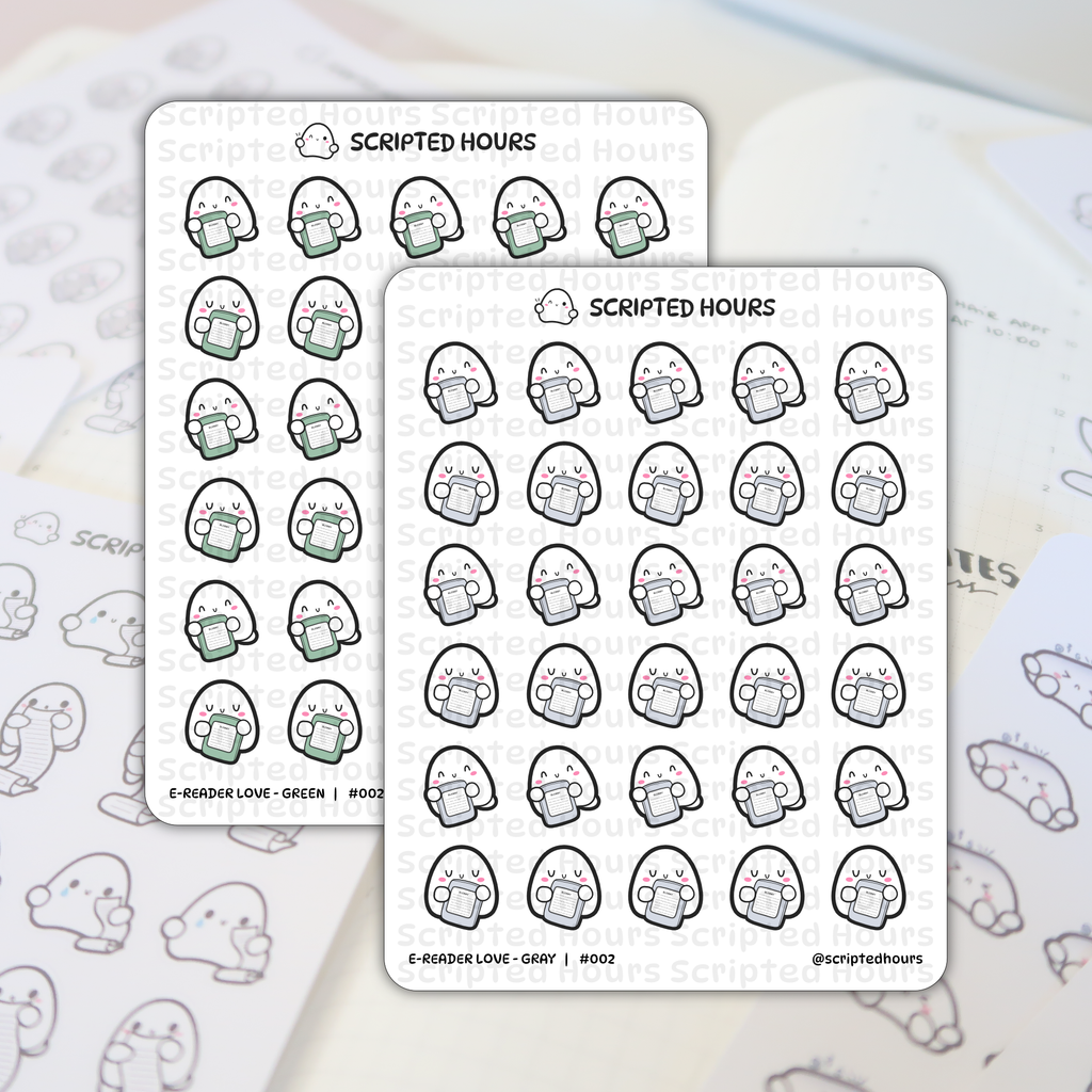 Scripted Hours "E-Reader Love" planner stickers featuring two sheets of kawaii ghost characters holding e-readers, one sheet with green e-readers and the other with gray, on a light planner page background