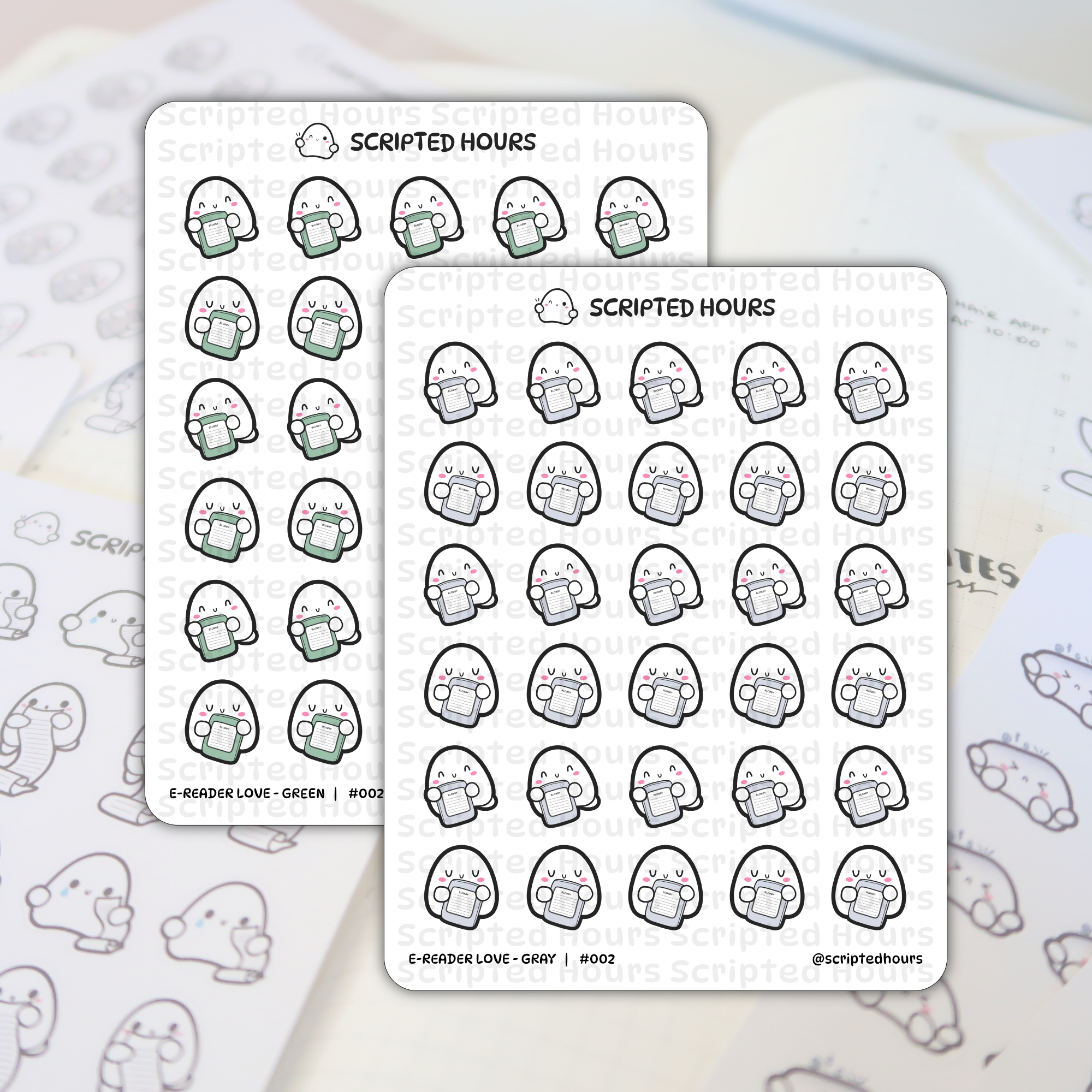 Scripted Hours "E-Reader Love" planner stickers featuring two sheets of kawaii ghost characters holding e-readers, one sheet with green e-readers and the other with gray, on a light planner page background