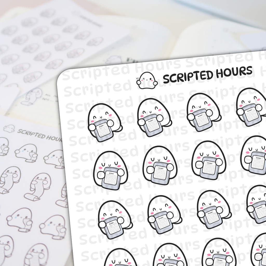 Scripted Hours digital art stickers displaying multiple cute white Blobby characters with pink blush cheeks and happy winking or smiling faces, each holding a gray list document titled BLOBBY, arranged on a white sheet with other blurred planner stickers in the background