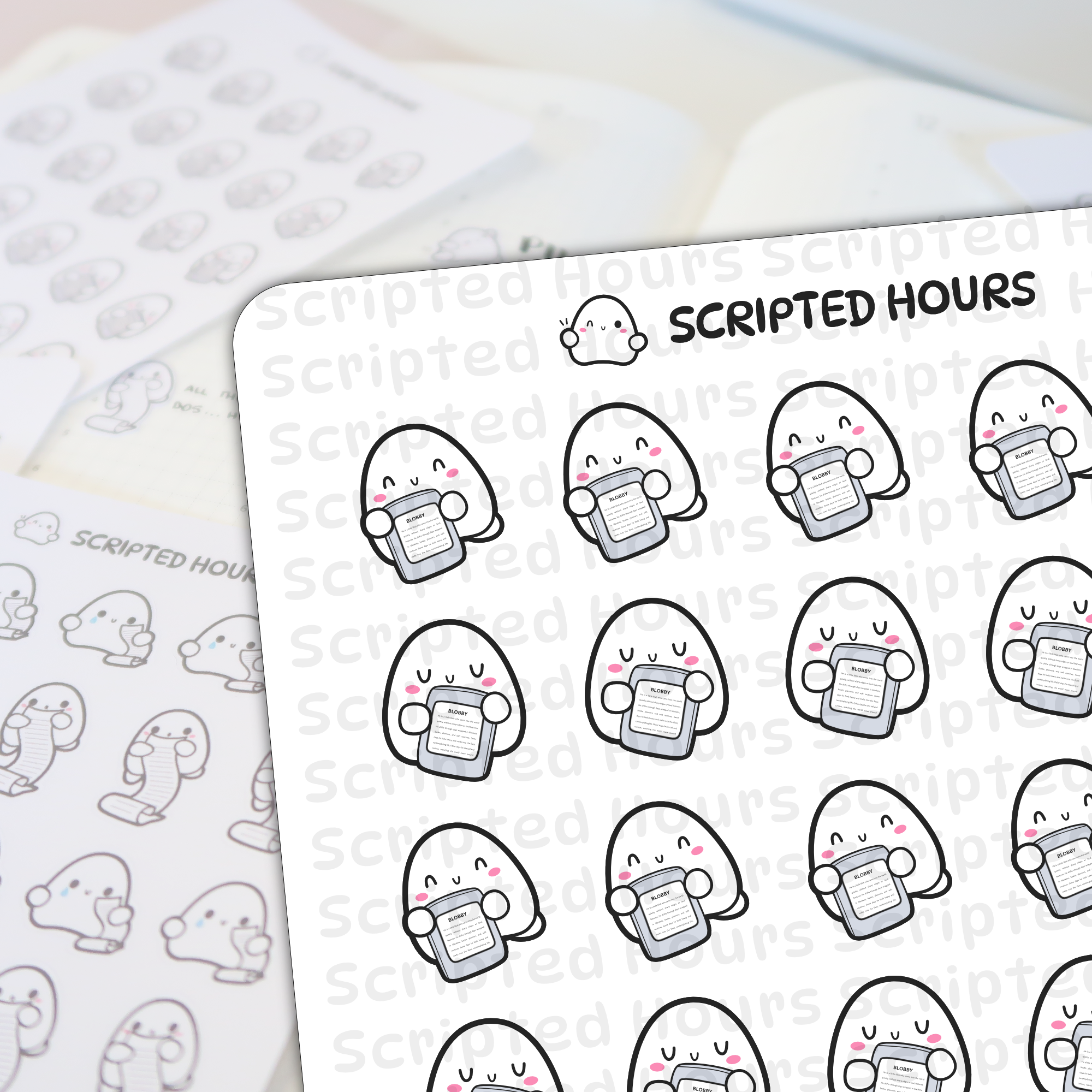 Scripted Hours digital art stickers displaying multiple cute white Blobby characters with pink blush cheeks and happy winking or smiling faces, each holding a gray list document titled BLOBBY, arranged on a white sheet with other blurred planner stickers in the background