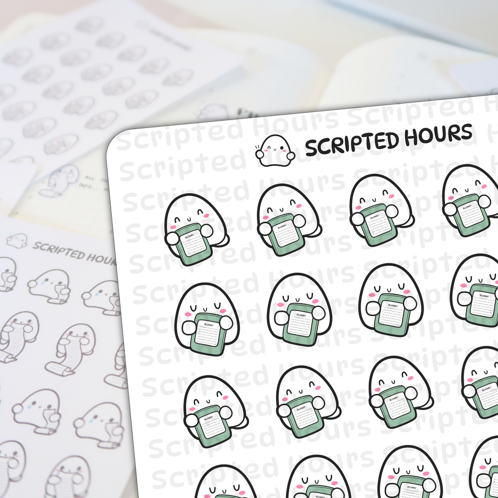 Scripted Hours sticker sheet featuring cute white pink-cheeked blob characters, each holding a green notepad labeled "BLOBBY", arranged on a white background with repeating Scripted Hours logo text