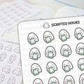 Scripted Hours sticker sheet featuring cute white pink-cheeked blob characters, each holding a green notepad labeled "BLOBBY", arranged on a white background with repeating Scripted Hours logo text