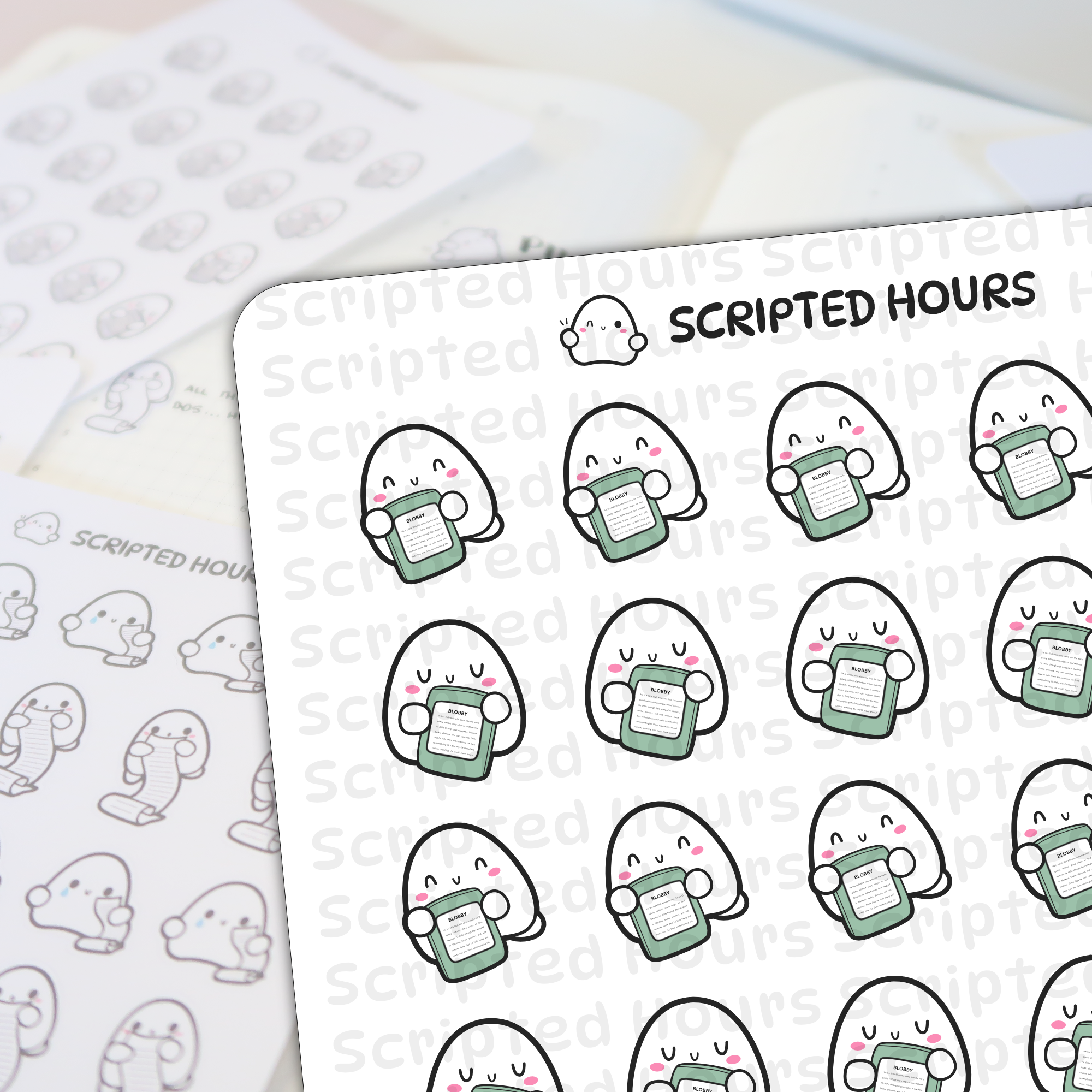 Scripted Hours sticker sheet featuring cute white pink-cheeked blob characters, each holding a green notepad labeled "BLOBBY", arranged on a white background with repeating Scripted Hours logo text