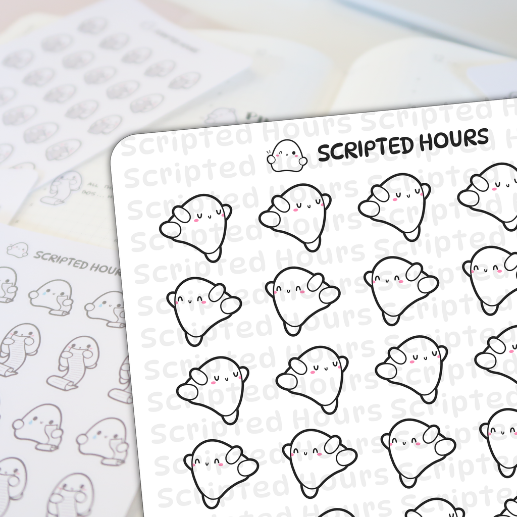 Scripted Hours planner stickers featuring cute white ghost characters with pink blush and black outlines, some waving and others holding long checklist scrolls, on a bright white sheet over blurred planner pages