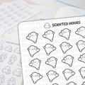 Scripted Hours planner stickers featuring cute white ghost characters with pink blush and black outlines, some waving and others holding long checklist scrolls, on a bright white sheet over blurred planner pages