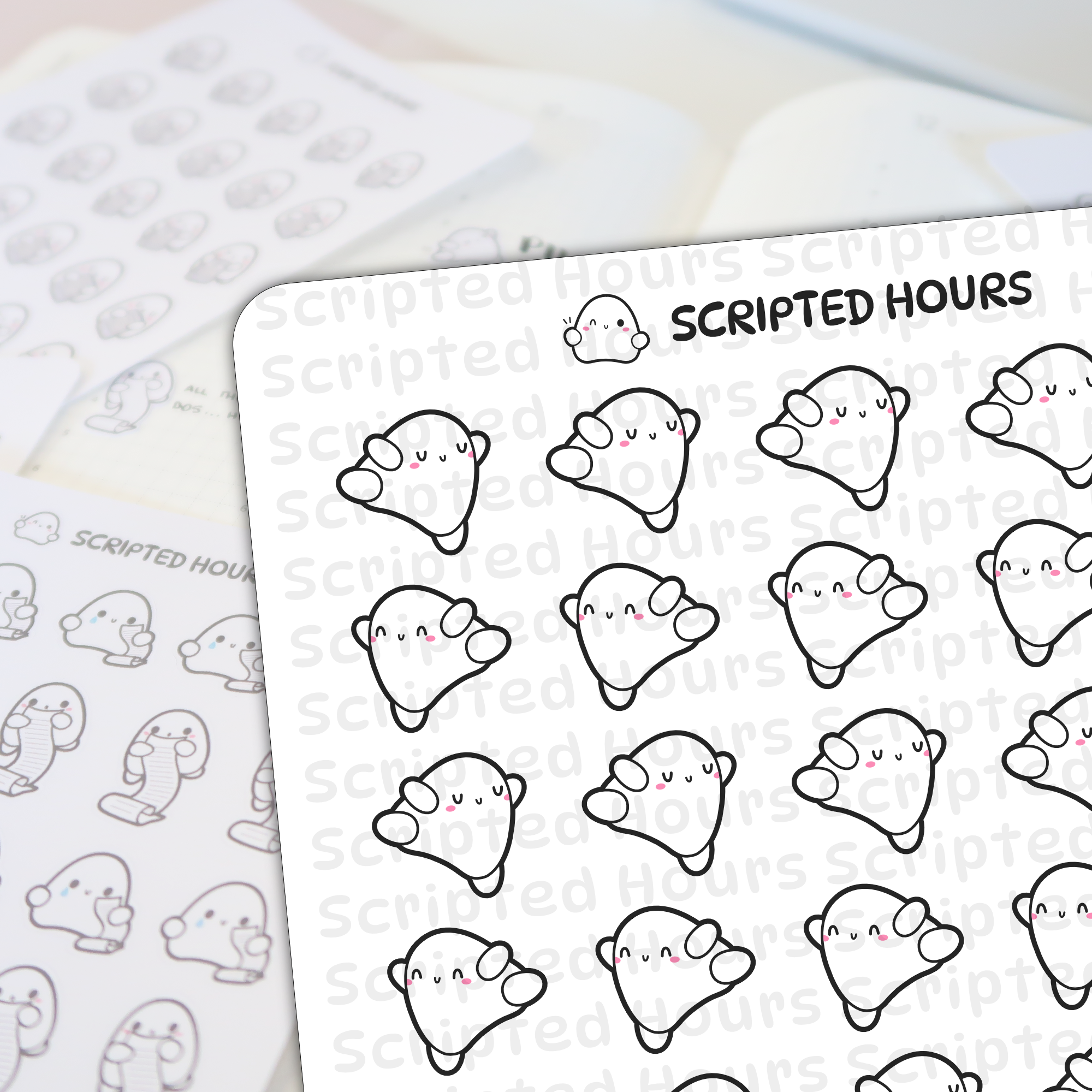 Scripted Hours planner stickers featuring cute white ghost characters with pink blush and black outlines, some waving and others holding long checklist scrolls, on a bright white sheet over blurred planner pages