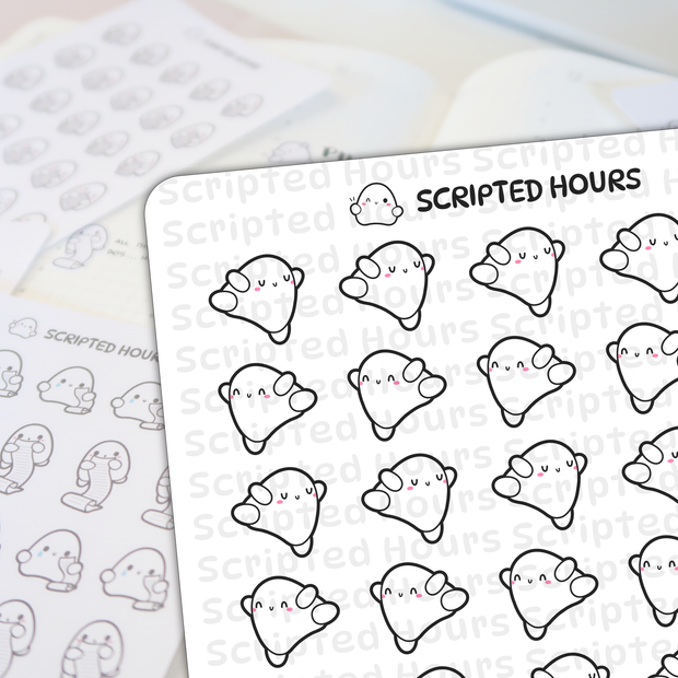 Scripted Hours planner stickers featuring cute white ghost characters with pink blush and black outlines, some waving and others holding long checklist scrolls, on a bright white sheet over blurred planner pages