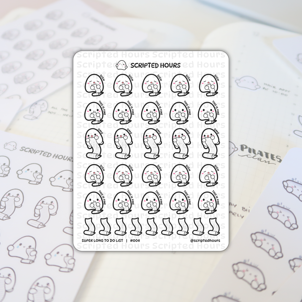 Scripted Hours planner stickers showing a sheet of ghost-shaped Super Long To Do List stickers featuring characters with "SIGH", "OMG", and "THIS IS FINE" expressions on an open planner with faint "PILATES class" text