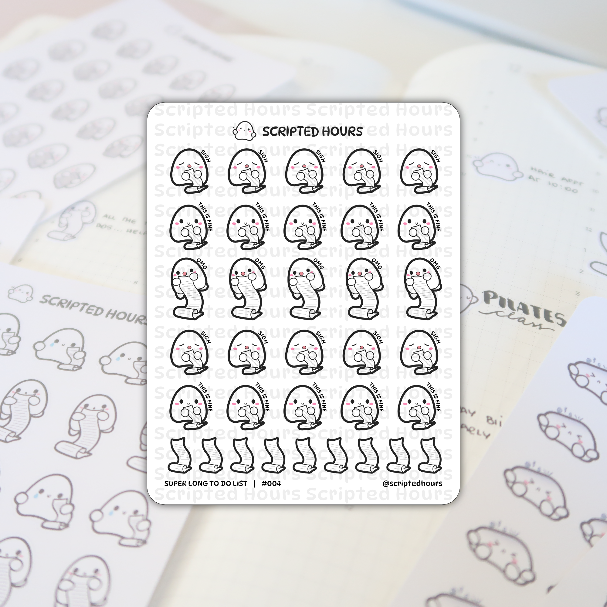 Scripted Hours planner stickers showing a sheet of ghost-shaped Super Long To Do List stickers featuring characters with "SIGH", "OMG", and "THIS IS FINE" expressions on an open planner with faint "PILATES class" text