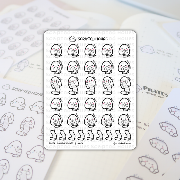 Scripted Hours planner stickers showing a sheet of ghost-shaped Super Long To Do List stickers featuring characters with "SIGH", "OMG", and "THIS IS FINE" expressions on an open planner with faint "PILATES class" text