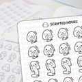 Scripted Hours digital illustration of planner stickers showing a cute white ghost character holding a scroll with diverse expressions like Sigh This is fine and OMG alongside a blurred background sticker sheet