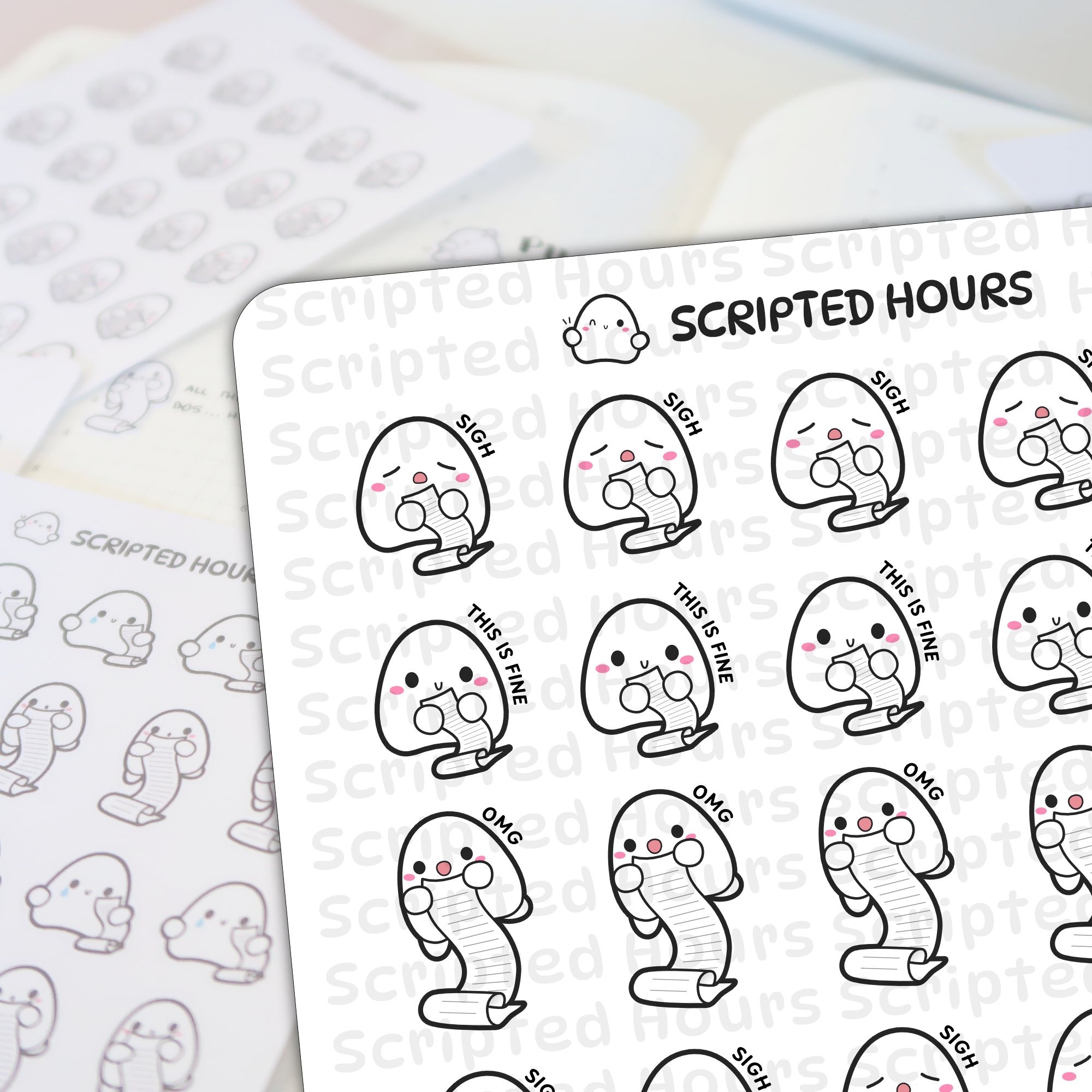 Scripted Hours digital illustration of planner stickers showing a cute white ghost character holding a scroll with diverse expressions like Sigh This is fine and OMG alongside a blurred background sticker sheet