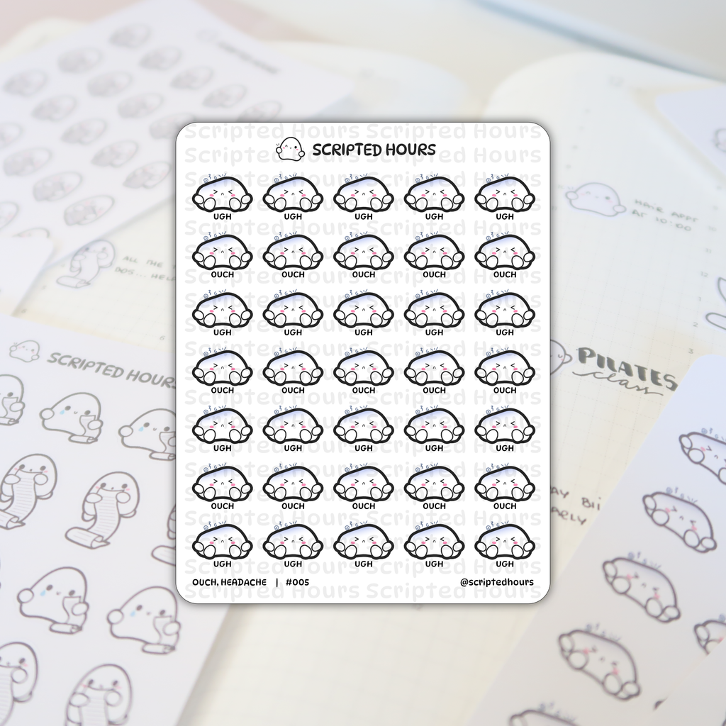Sticker sheet by Scripted Hours featuring rows of cartoon headache stickers depicting white cloud characters expressing "ugh" and "ouch" with pain swirls, on a blurred planner page showing "PILATES class" and appointment entries