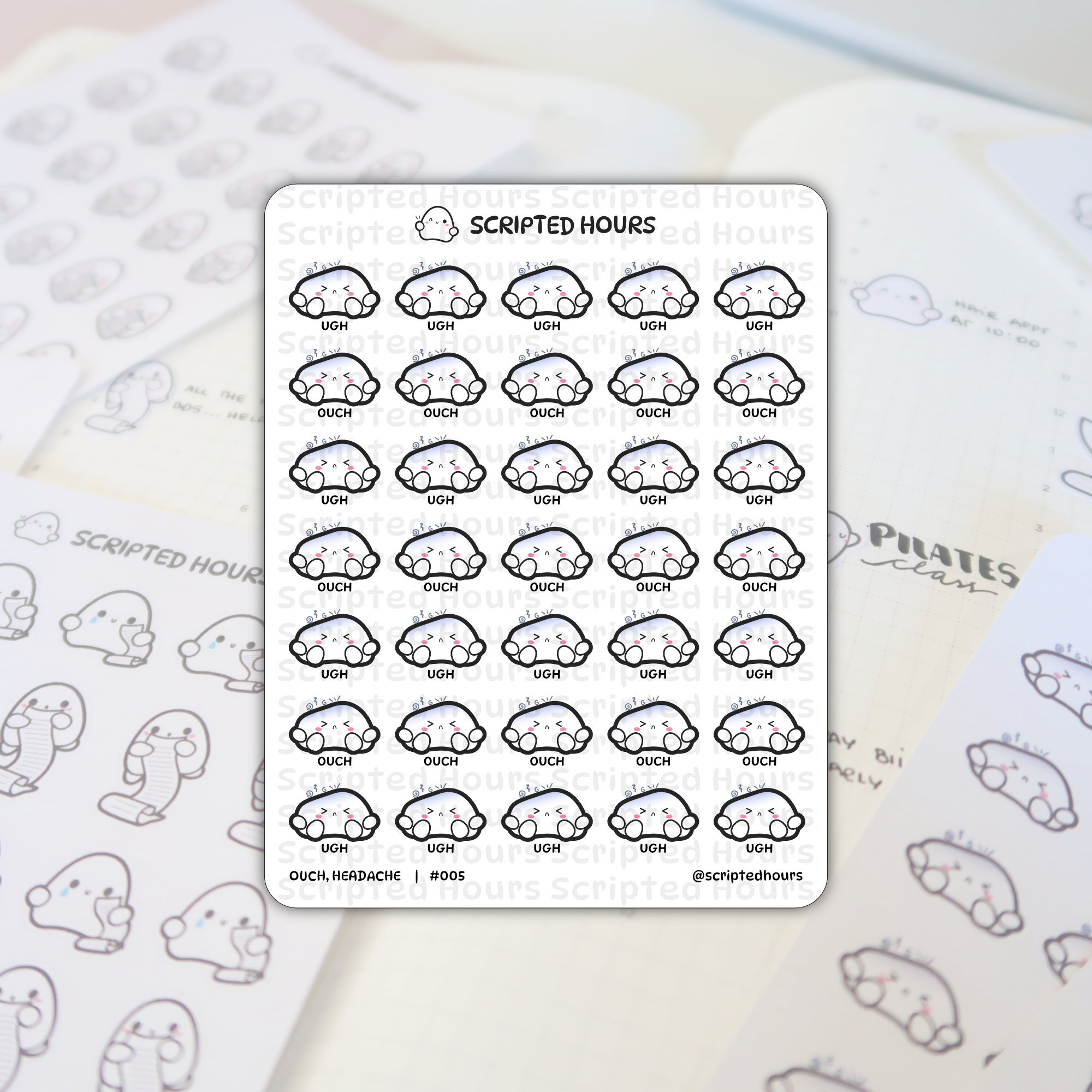 Sticker sheet by Scripted Hours featuring rows of cartoon headache stickers depicting white cloud characters expressing "ugh" and "ouch" with pain swirls, on a blurred planner page showing "PILATES class" and appointment entries