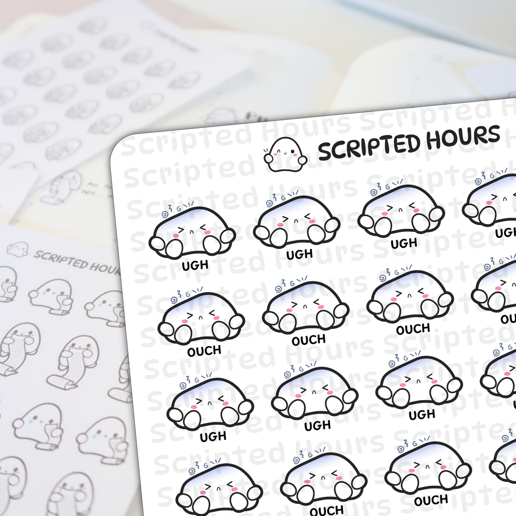 Scripted Hours brand sticker sheets displaying white ghost-like characters with pink cheeks and blue gradient tops, some expressing "UGH" and "OUCH", on a light desk surface with a winking ghost logo and blurred background sticker sheets