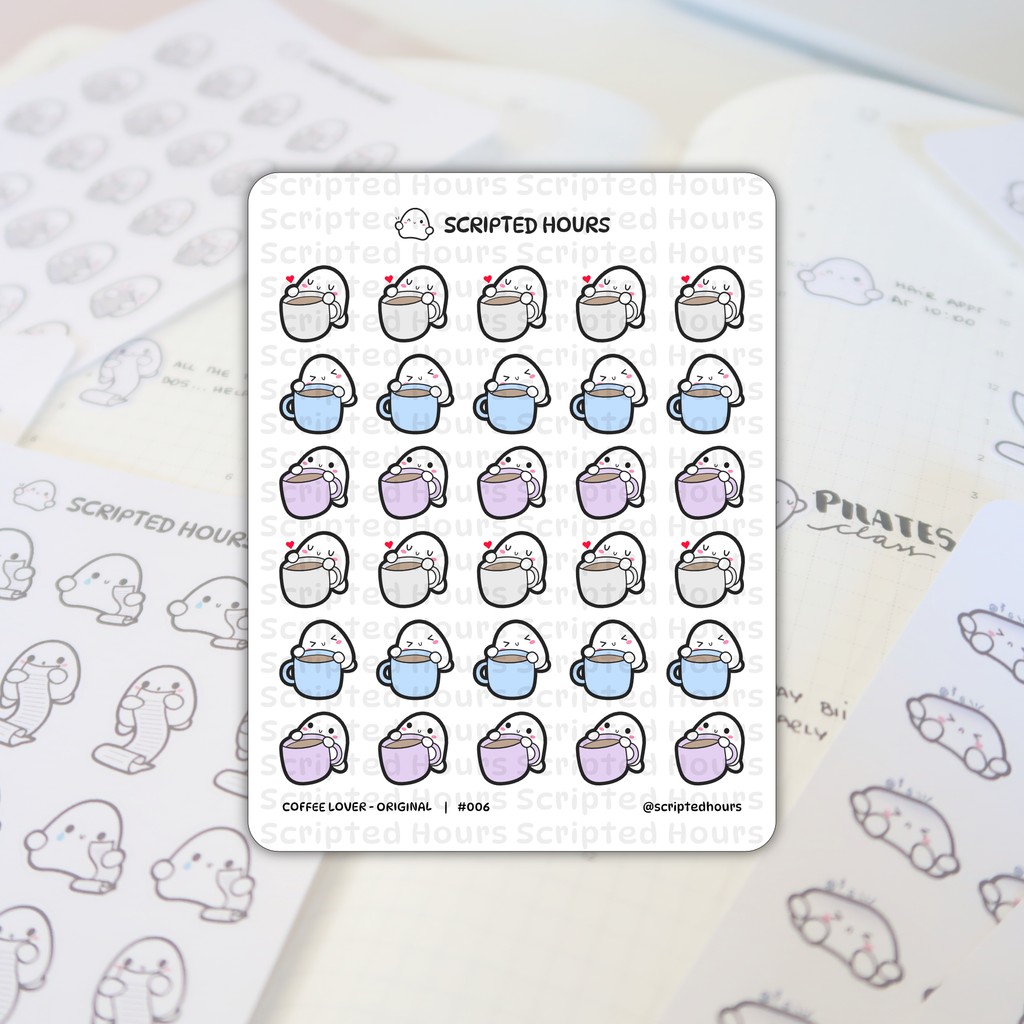 Scripted Hours "Coffee Lover" sticker sheet featuring multiple cute white ghost characters holding pastel blue, purple, and brown coffee cups with various happy or sleepy expressions and red hearts, laid upon a planner page showing "Pilates class" written in ink