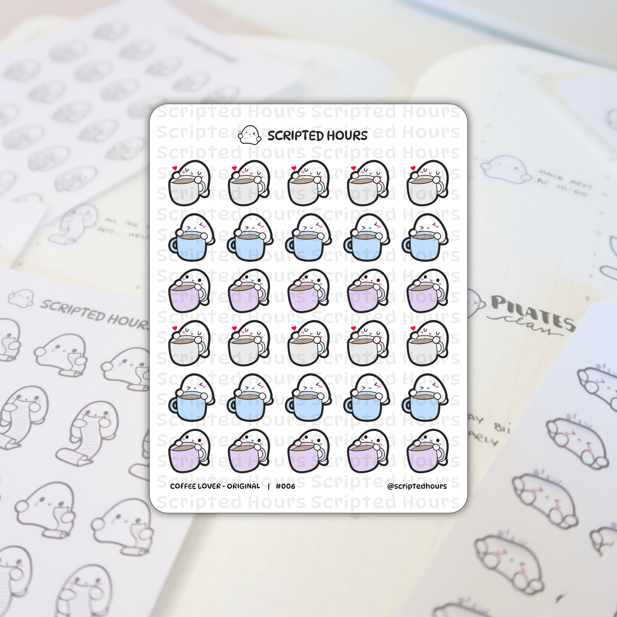 Scripted Hours "Coffee Lover" sticker sheet featuring multiple cute white ghost characters holding pastel blue, purple, and brown coffee cups with various happy or sleepy expressions and red hearts, laid upon a planner page showing "Pilates class" written in ink