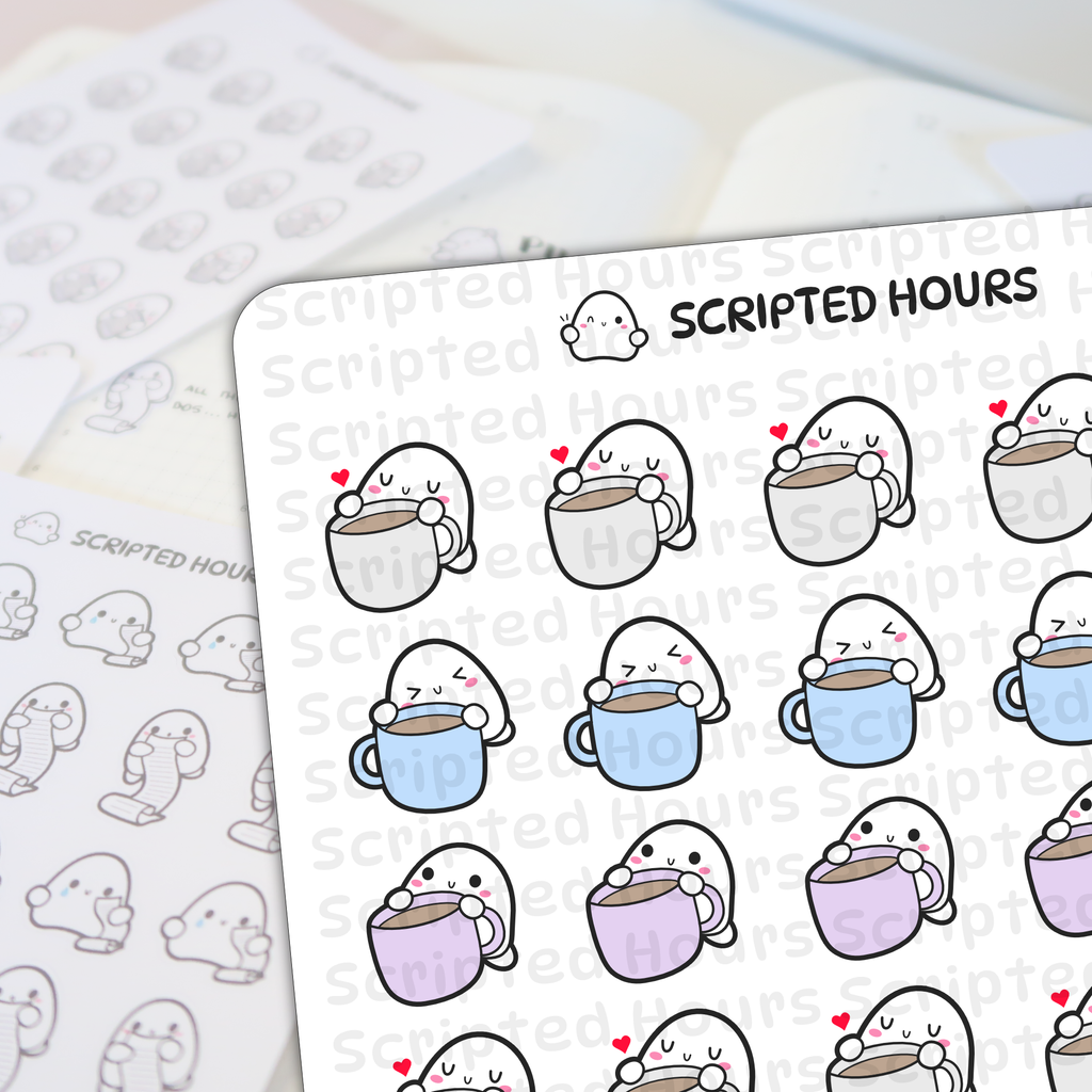 Scripted Hours sticker sheet with rows of charming white ghost-like characters each holding a coffee mug in shades of white blue or lavender some with winking faces or little red hearts appearing against a blurred background of other outline stickers