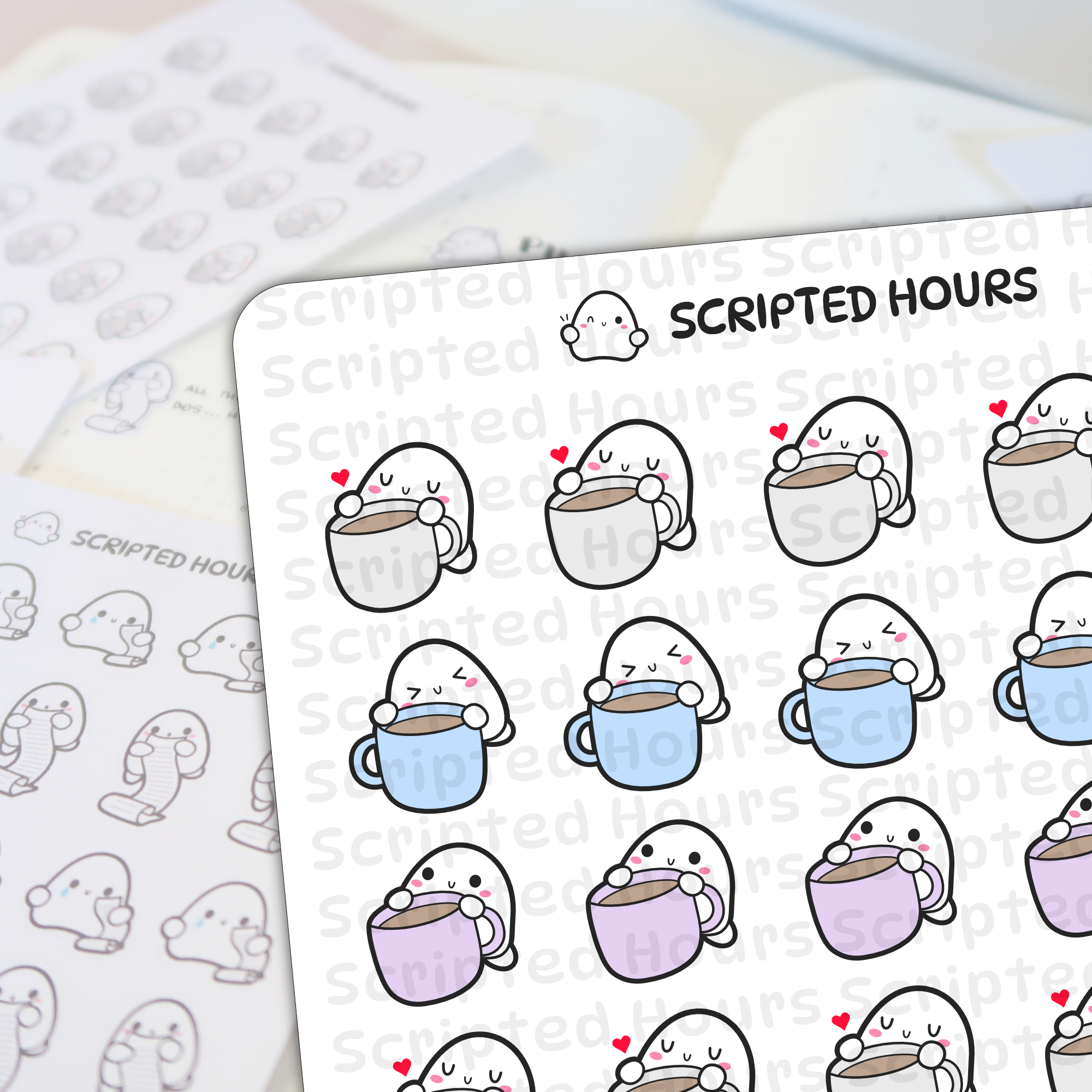 Scripted Hours sticker sheet with rows of charming white ghost-like characters each holding a coffee mug in shades of white blue or lavender some with winking faces or little red hearts appearing against a blurred background of other outline stickers