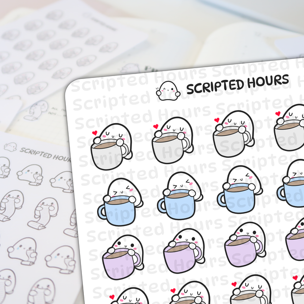 Scripted Hours sticker sheet with rows of charming white ghost-like characters each holding a coffee mug in shades of white blue or lavender some with winking faces or little red hearts appearing against a blurred background of other outline stickers