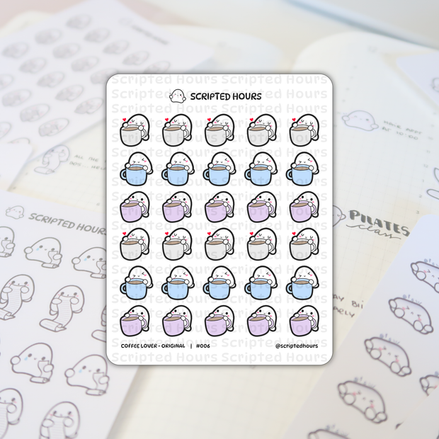 Scripted Hours "Coffee Lover" sticker sheet featuring multiple cute white ghost characters holding pastel blue, purple, and brown coffee cups with various happy or sleepy expressions and red hearts, laid upon a planner page showing "Pilates class" written in ink