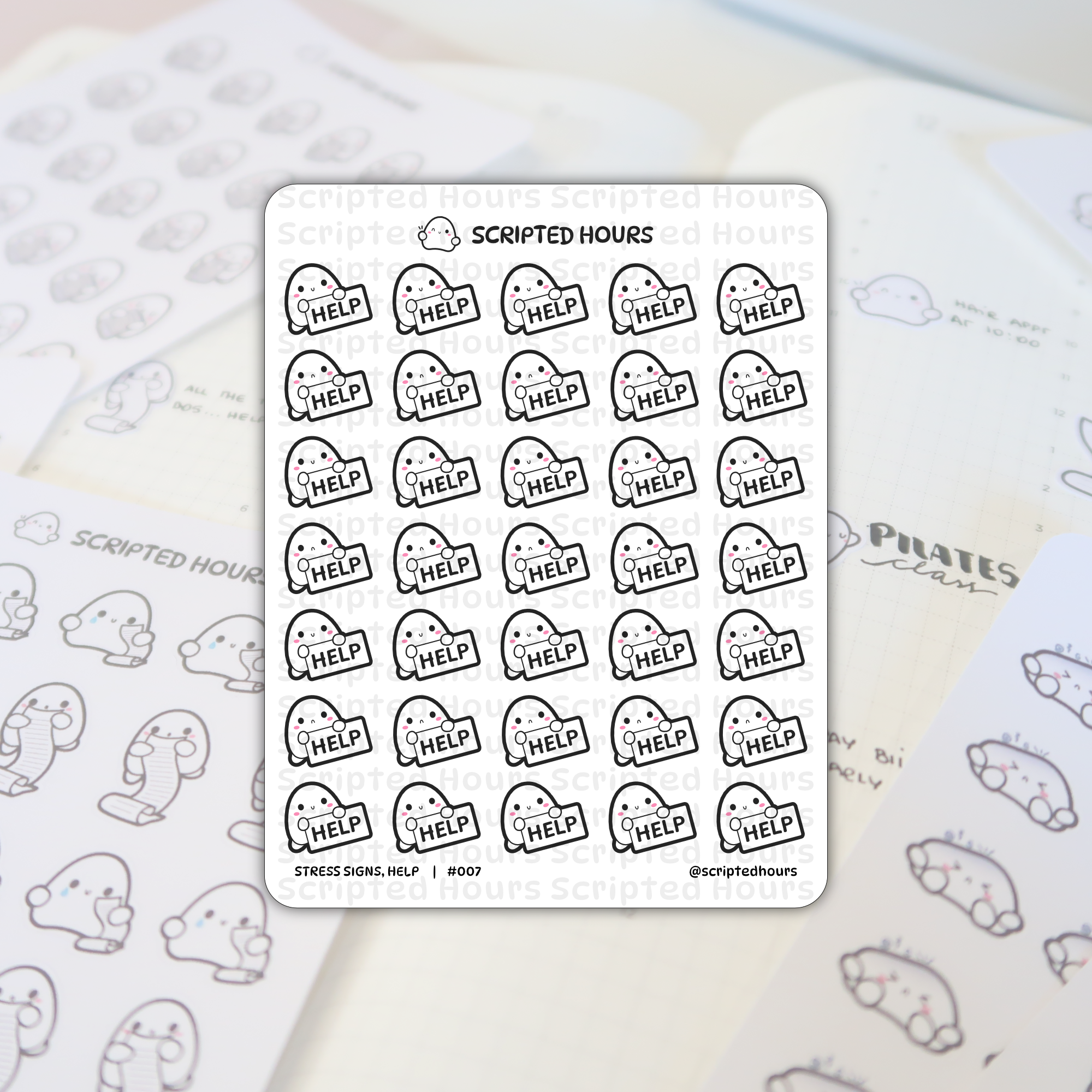 Scripted Hours sticker sheet featuring a grid of black and white cartoon ghosts with pink cheeks holding HELP signs displayed on a planner with faint outlines of other ghost stickers and handwritten notes like PILATES class