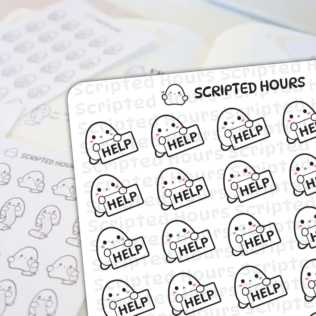 Scripted Hours planner stickers featuring cute white blob characters with pink blushing cheeks and small black eyes holding 'HELP' signs with a blurred background sheet showing similar characters holding long task lists