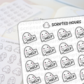 Scripted Hours planner stickers featuring cute white blob characters with pink blushing cheeks and small black eyes holding 'HELP' signs with a blurred background sheet showing similar characters holding long task lists