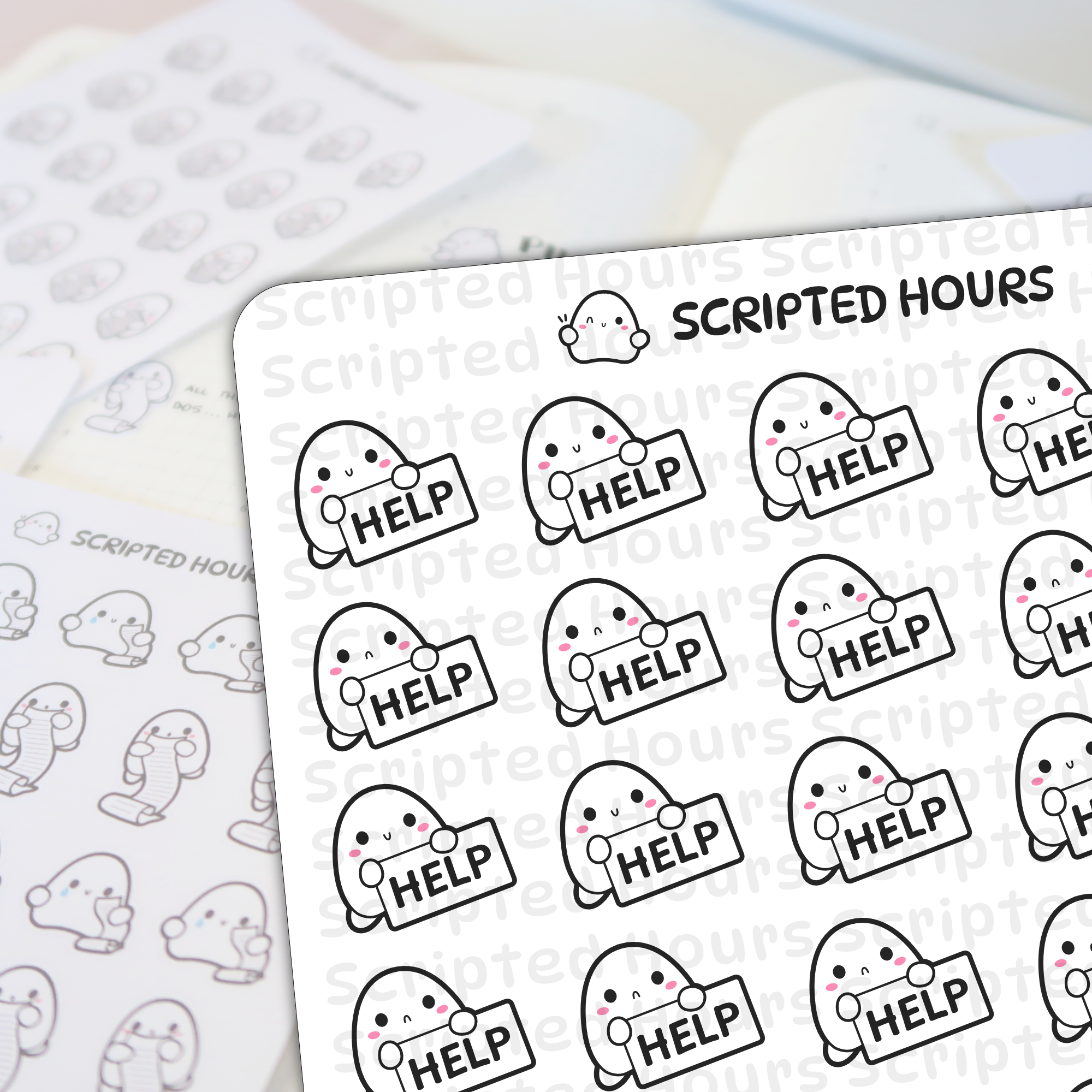 Scripted Hours planner stickers featuring cute white blob characters with pink blushing cheeks and small black eyes holding 'HELP' signs with a blurred background sheet showing similar characters holding long task lists