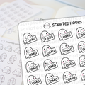 Scripted Hours vinyl sticker sheet features numerous cute white ghost characters with pink cheeks and black outlines holding "OMG" signs positioned over a blurry second sheet displaying other ghost stickers holding scroll lists some with blue tears