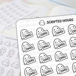 Scripted Hours vinyl sticker sheet features numerous cute white ghost characters with pink cheeks and black outlines holding 
