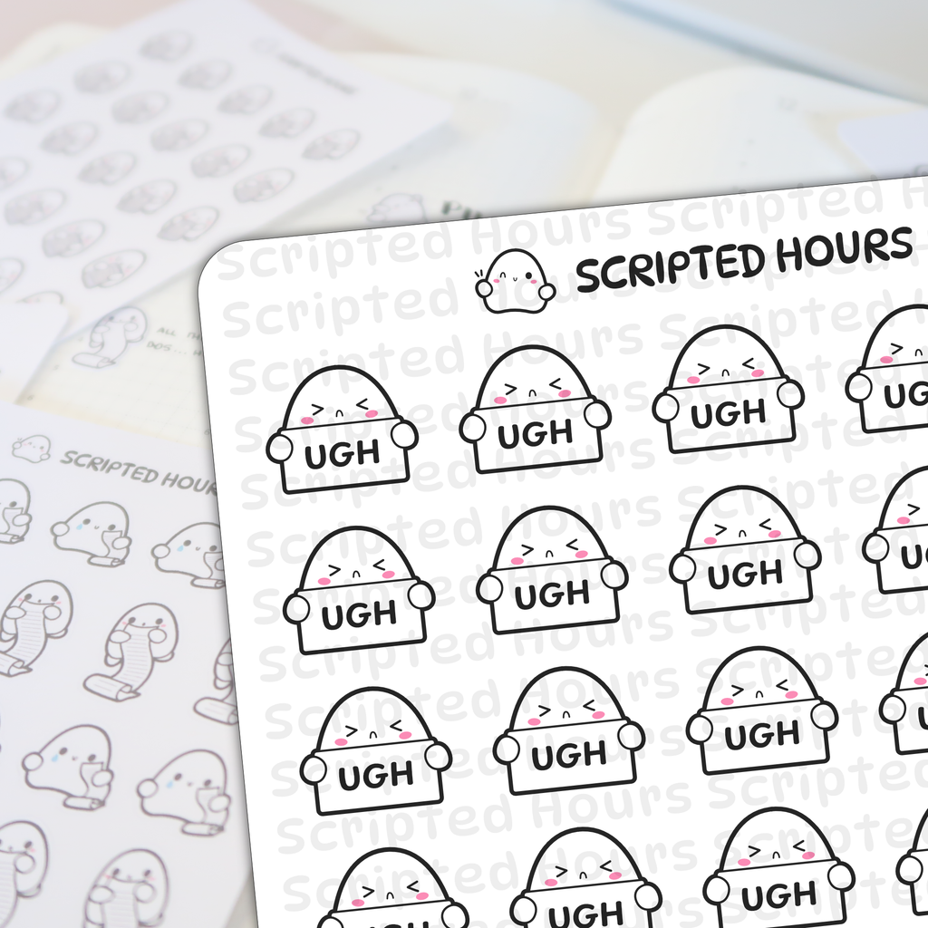 Scripted Hours digital stickers presenting a main sheet with rows of white blob characters holding "UGH" signs, each with pink cheeks and '^ n ^' eyes, alongside a blurred background sheet of outline characters holding long scrolls and the Scripted Hours logo featuring a happy blob