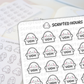 Scripted Hours digital stickers presenting a main sheet with rows of white blob characters holding "UGH" signs, each with pink cheeks and '^ n ^' eyes, alongside a blurred background sheet of outline characters holding long scrolls and the Scripted Hours logo featuring a happy blob