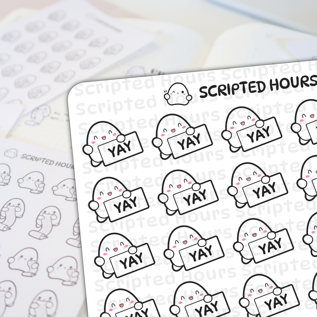 Scripted Hours sticker sheets displaying rows of cheerful white characters with pink cheeks holding 'YAY' signs, alongside a blurred sheet of characters holding scrolls and crying, all beneath the brand's winking logo character