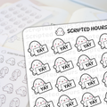 Scripted Hours sticker sheets displaying rows of cheerful white characters with pink cheeks holding 'YAY' signs, alongside a blurred sheet of characters holding scrolls and crying, all beneath the brand's winking logo character