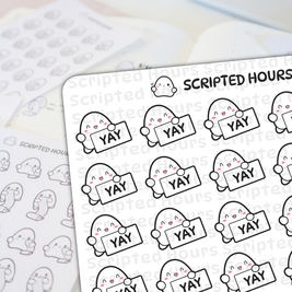 Scripted Hours sticker sheets displaying rows of cheerful white characters with pink cheeks holding 'YAY' signs, alongside a blurred sheet of characters holding scrolls and crying, all beneath the brand's winking logo character