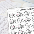 Scripted Hours sticker sheets displaying multiple cute blob-like characters with happy expressions and pink cheeks holding 'YES' signs, with a blurred sheet of characters holding scrolls in the background