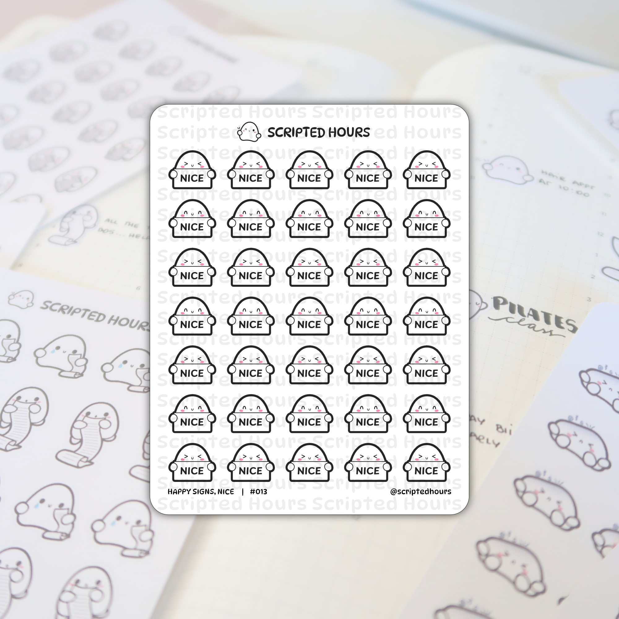 Scripted Hours sticker sheet featuring a grid of thirty white ghost characters each holding a black NICE sign with varied cute expressions, visible on a planner page with blurred ghost checklist stickers and a handwritten PILATES class note