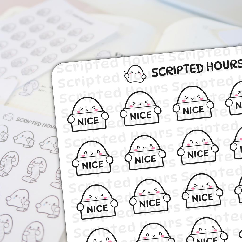 Scripted Hours sticker sheets feature multiple cute white ghost characters outlined in black holding signs with the word NICE some displaying pink blush and V-shaped eyes while other Scripted Hours ghost planner stickers are blurred in the background