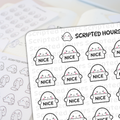 Scripted Hours sticker sheets feature multiple cute white ghost characters outlined in black holding signs with the word NICE some displaying pink blush and V-shaped eyes while other Scripted Hours ghost planner stickers are blurred in the background