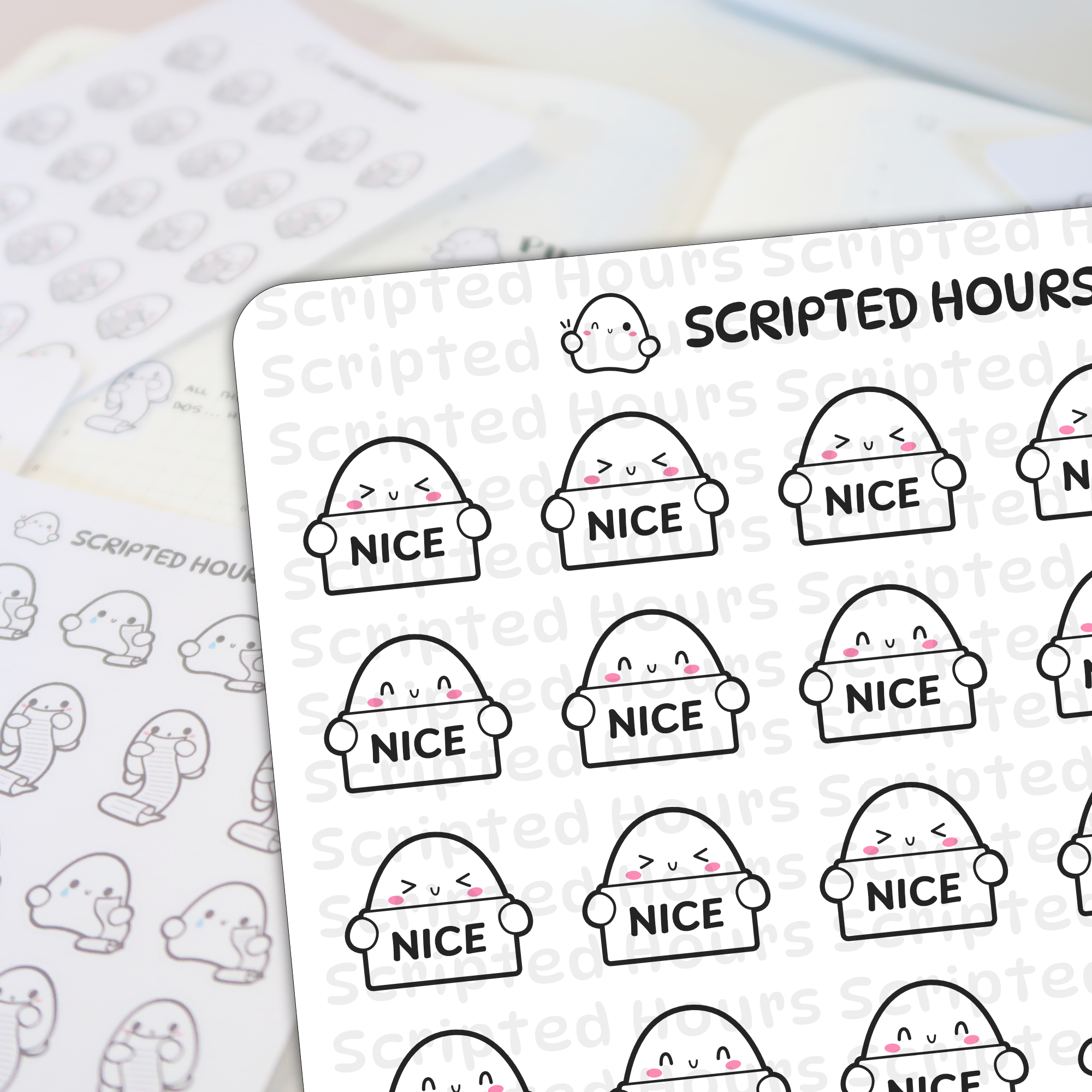 Scripted Hours sticker sheets feature multiple cute white ghost characters outlined in black holding signs with the word NICE some displaying pink blush and V-shaped eyes while other Scripted Hours ghost planner stickers are blurred in the background