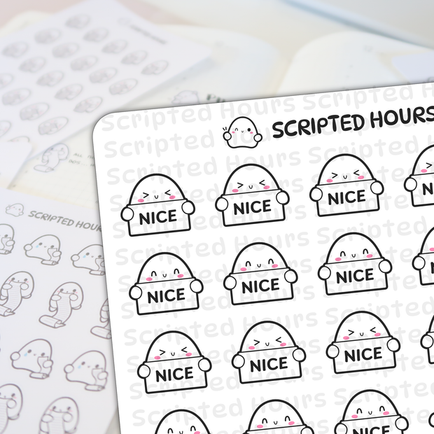Scripted Hours sticker sheets feature multiple cute white ghost characters outlined in black holding signs with the word NICE some displaying pink blush and V-shaped eyes while other Scripted Hours ghost planner stickers are blurred in the background