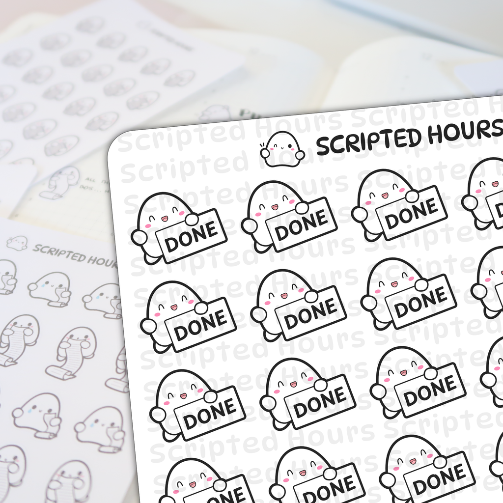 Digital sticker sheet by Scripted Hours featuring rows of smiling white blob characters with pink cheeks holding black and white 'DONE' signs on a light surface with blurred sheets of similar characters holding scrolls visible in the background
